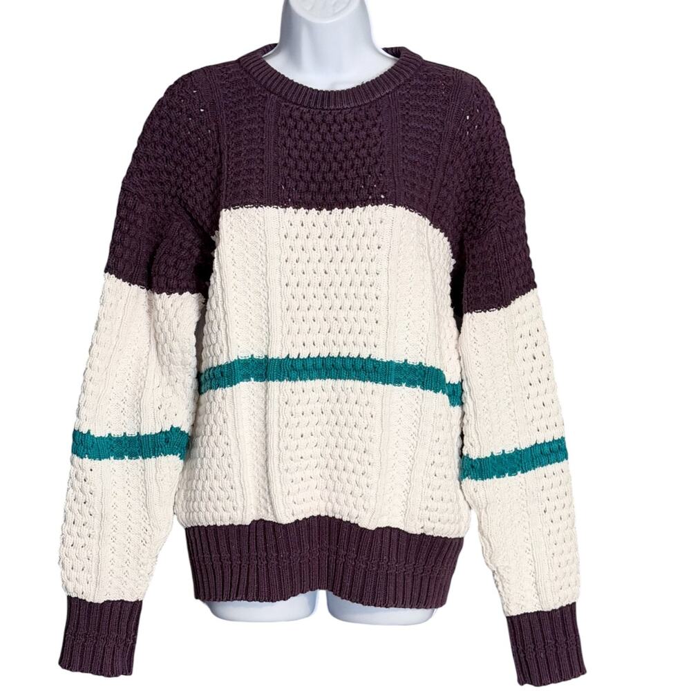 Vintage Cape Isle Knitters Cotton Cable Sweater Size M Purple Teal Stripe Preppy